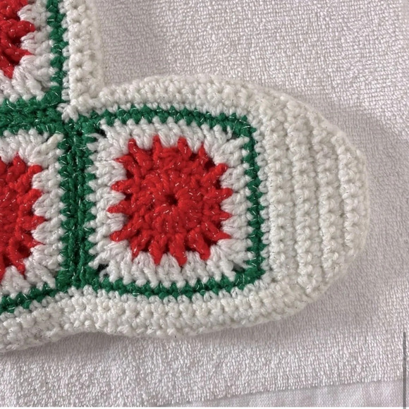 Vintage Handmade Crochet Red  White Green Granny Square Christmas Stocking - Picture 9 of 11